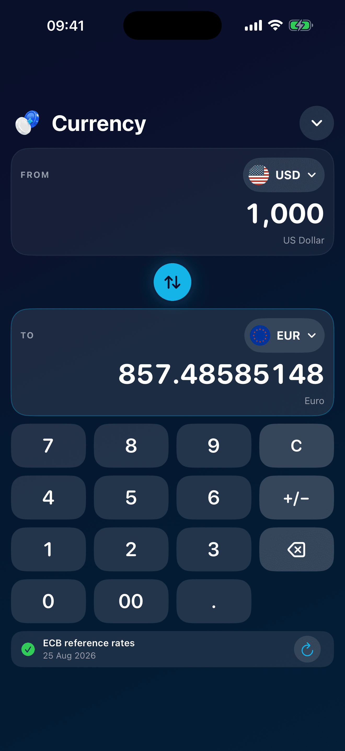 Convertizo currency conversion screen on iPhone